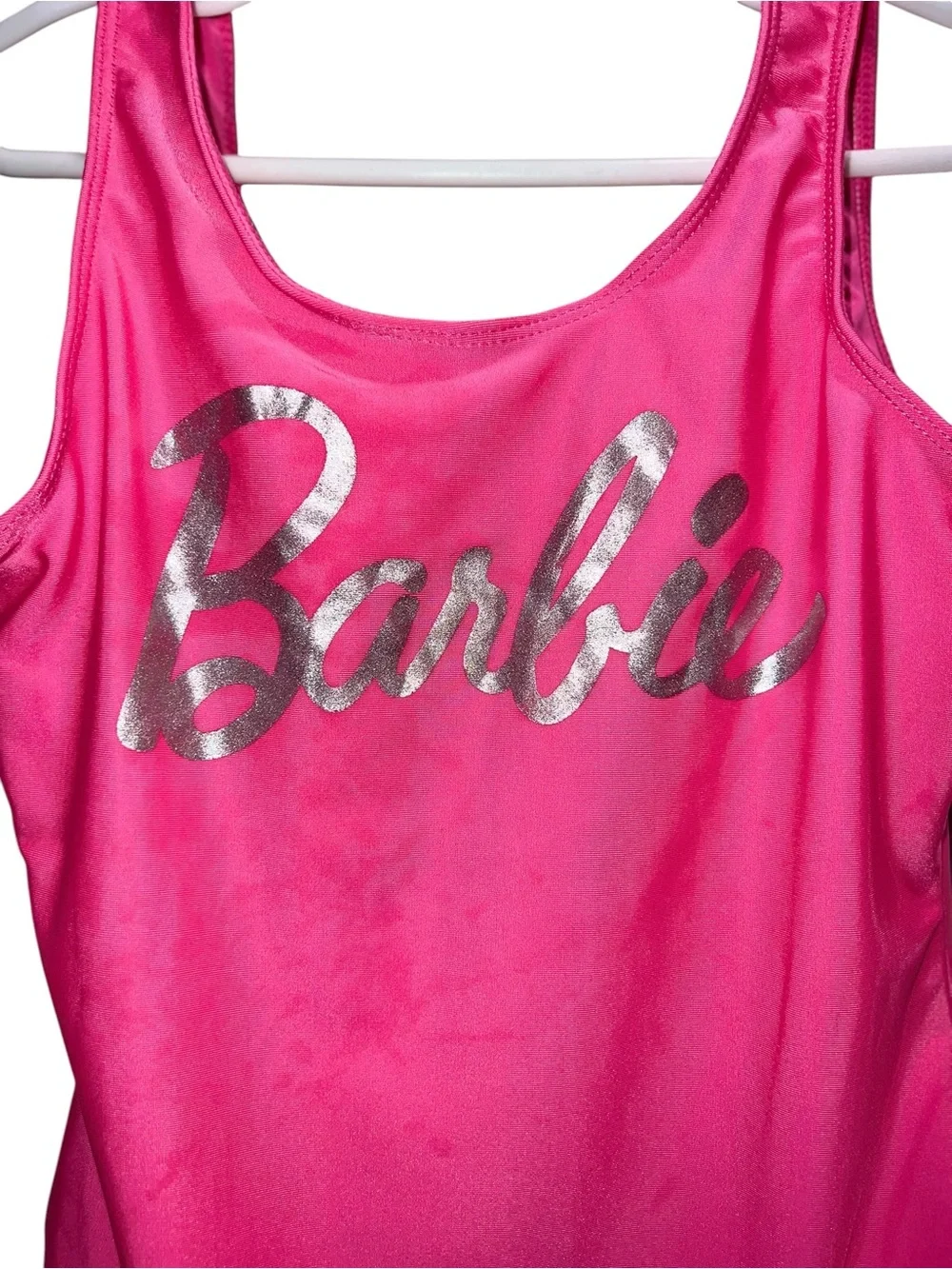 Barbie Girls Pink One Piece Swimsuit Size 7/8 Metallic Logo Bow Back